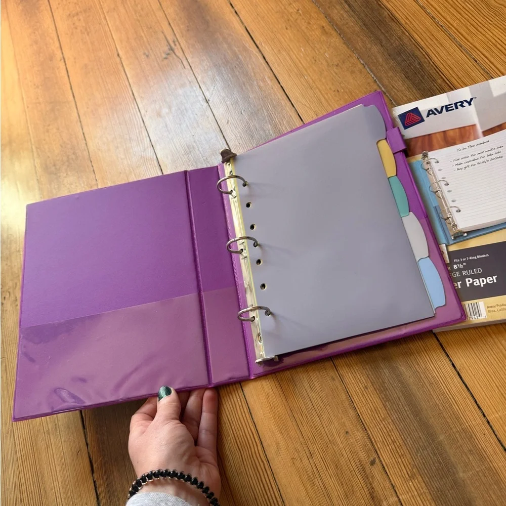 Avery 1” Durable Style 3-Ring Binder Purple w/ Dividers + Filler Paper Bundle